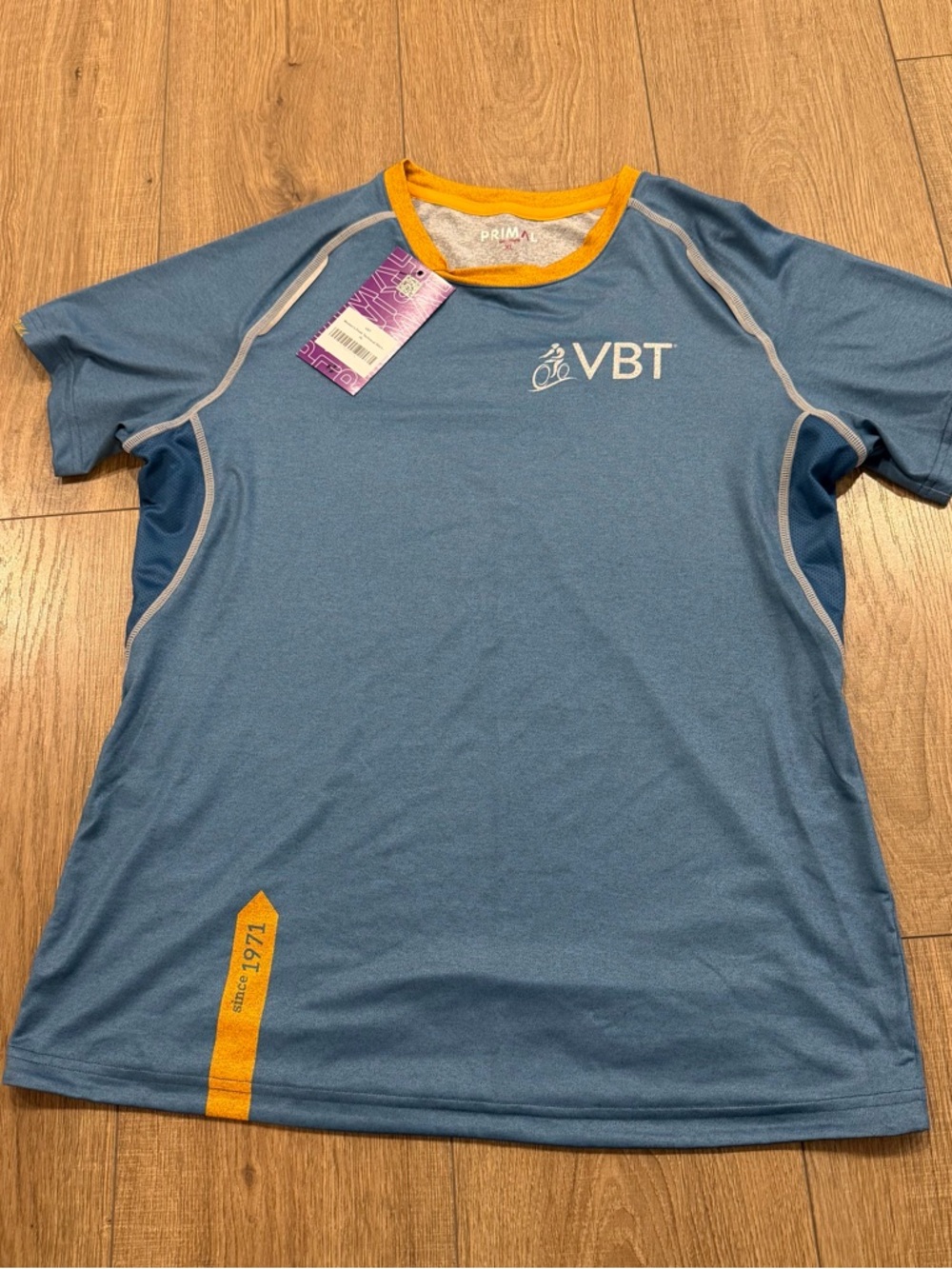 Primal VBT Blue Athletic cycling Tee with Yellow Trim, new